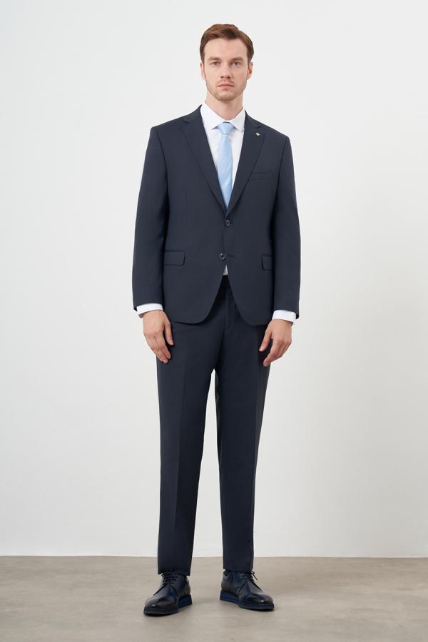  Erkek Lacivert Yünlü Platinium 4-Drop Dynamic Fit Mono Yaka Takım Elbise - Image 1
