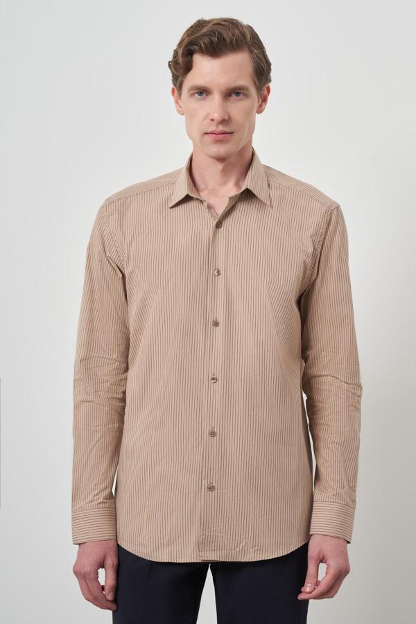  Erkek Bej Pamuk Trend Slim Fit Sert Yaka Gömlek - Image 1
