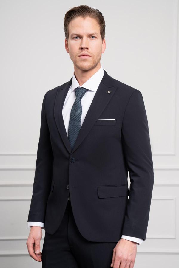  Erkek Lacivert Basic Slim Fit Sivri Yaka Takım Elbise - Image 1