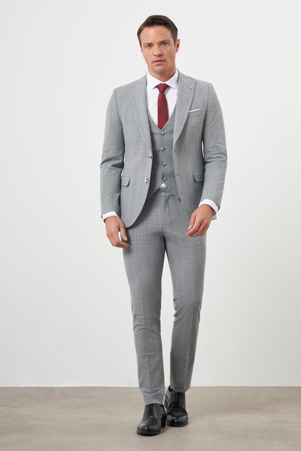  Erkek Gri Poliviskon Trend Yelekli Ekoseli Slim Fit  Sivri Yaka Takım Elbise - Image 1