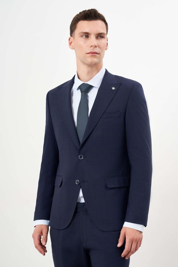  Erkek Lacivert Yünlü Platinium Ekoseli Slim Fit Mono Yaka Takım Elbise - Image 1