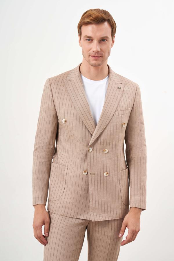  Erkek Vizon Keten Trend Kruvaze Slim Fit Sivri Yaka Takım Elbise - Image 1