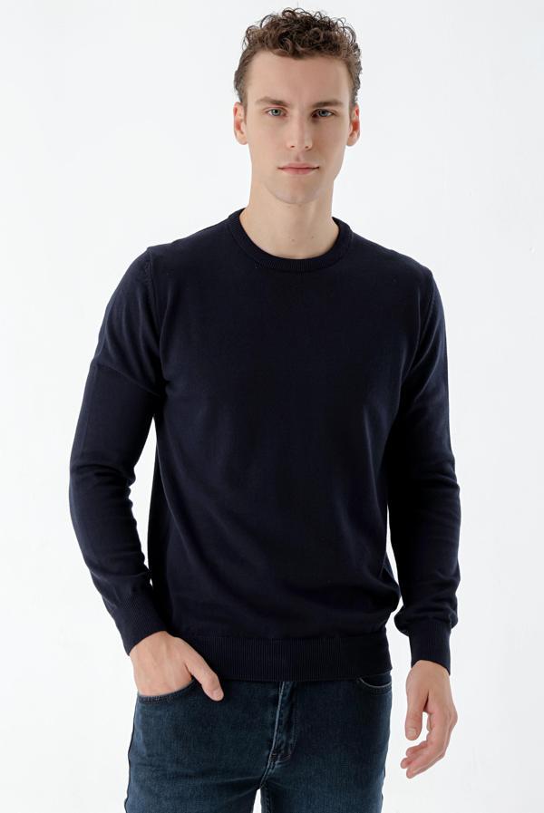  Erkek Lacivert Basic Bisiklet Yaka Dynamic Fit Rahat Kesim Triko - Image 1