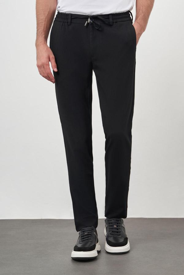  Erkek Siyah Poliviskon Trend İpli Jogger Slim Fit Spor Pantolon - Image 1