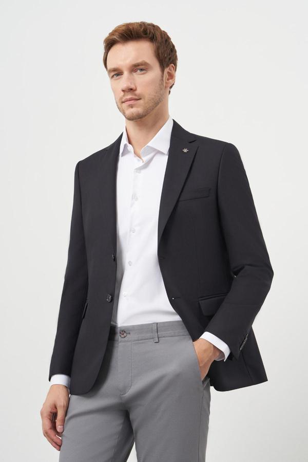  Erkek Siyah Poliviskon Slim Fit Mono Yaka Klasik Ceket - Image 1