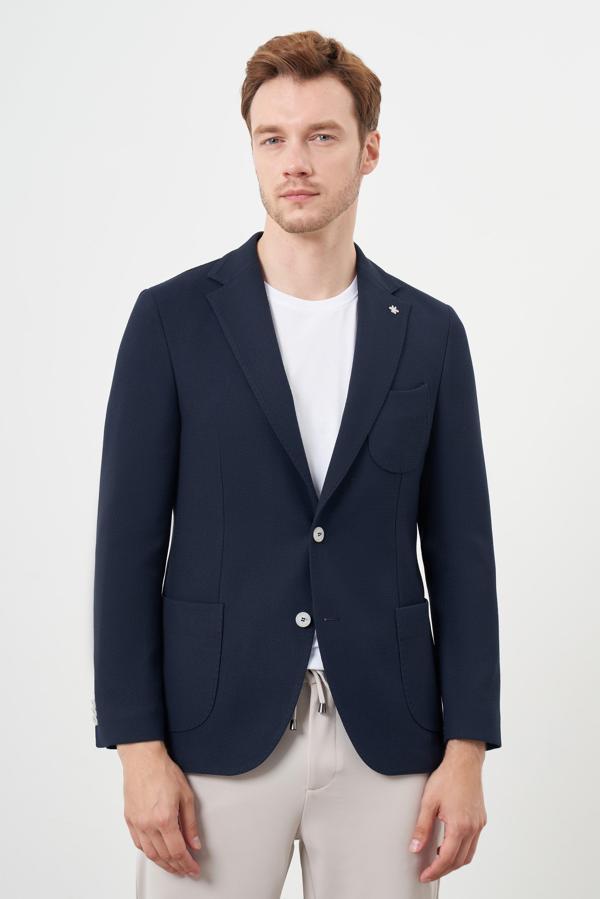  Erkek Lacivert Dokuma Slim Fit Torba Cep Mono Yaka Spor Ceket - Image 1