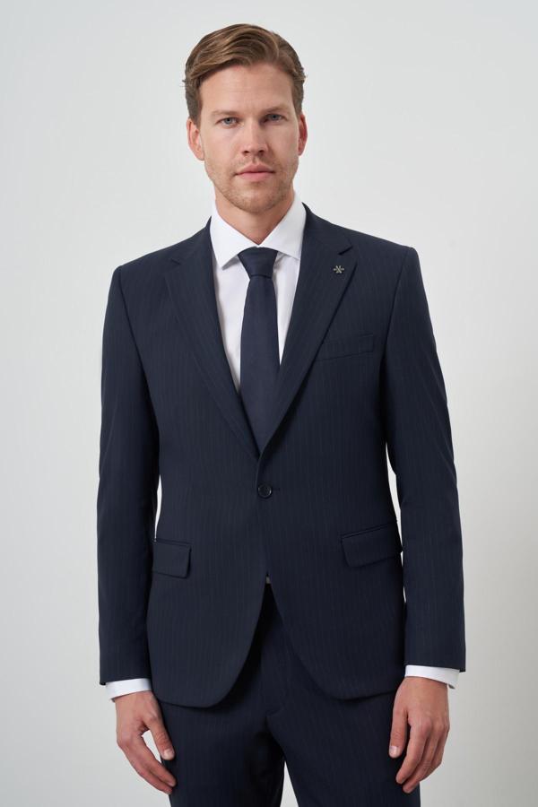  Erkek Lacivert Poliviskon Çizgili Slim Fit Mono Yaka Takım Elbise - Image 1