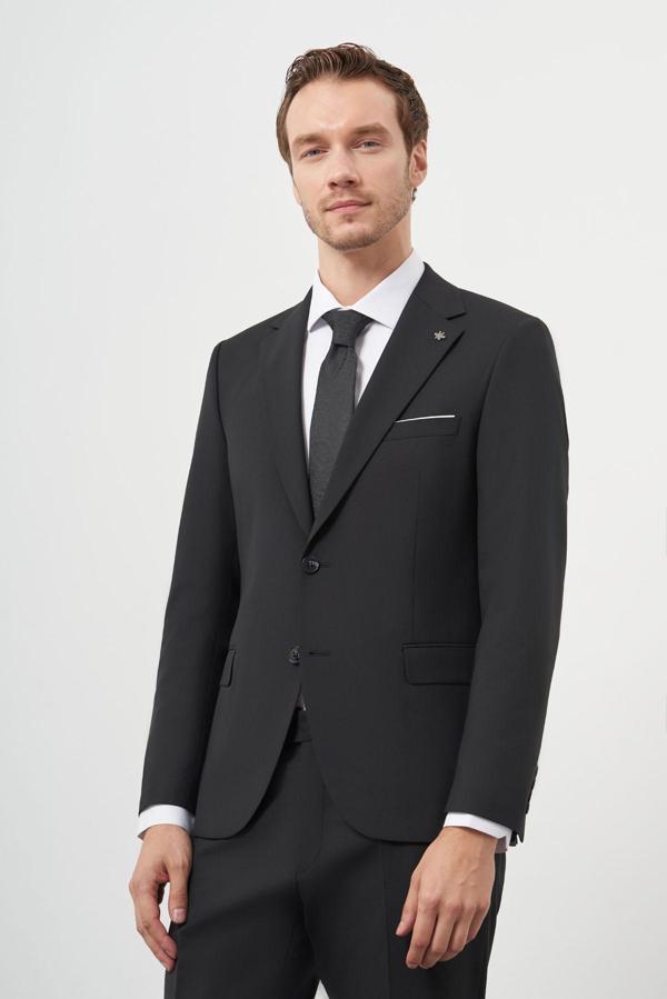  Erkek Siyah Yünlü Slim Fit Mono Yaka Takım Elbise - Image 1
