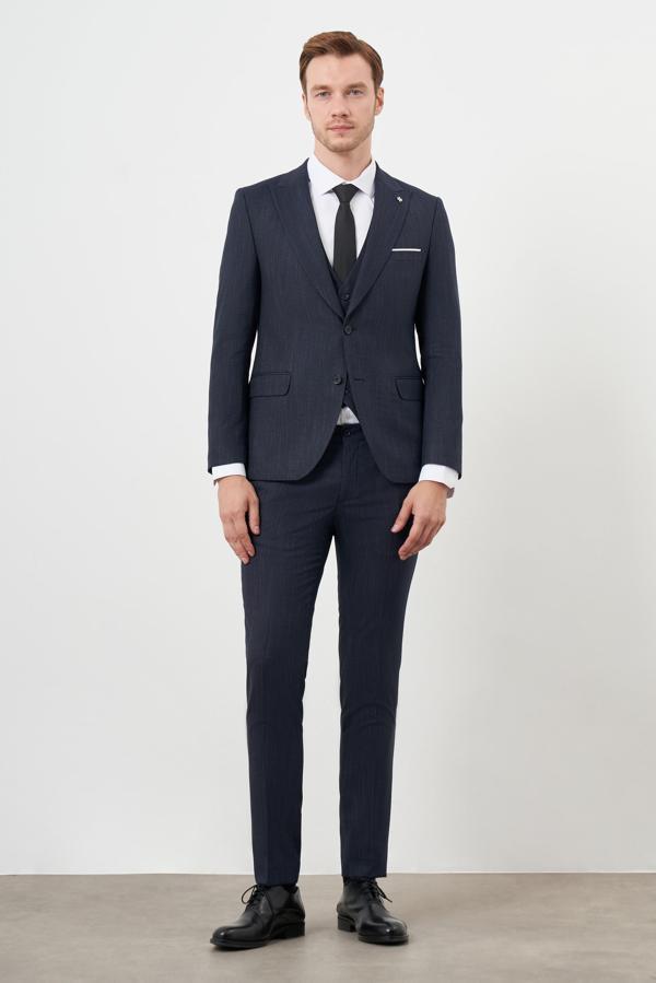  Erkek Lacivert Poliviskon Trend Yelekli Desenli Slim Fit Sivri Yaka Takım Elbise - Image 1
