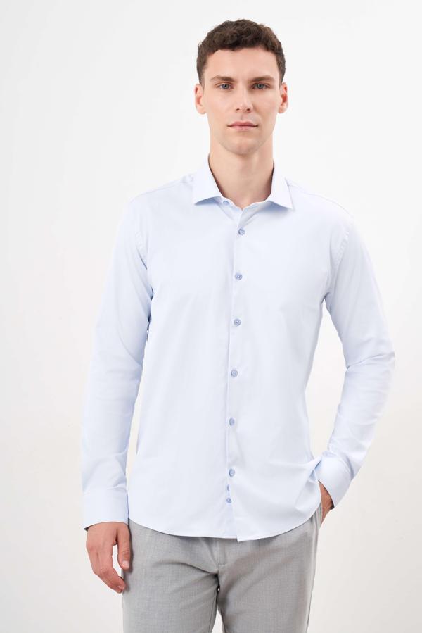  Erkek A. MAVİ Basic Düz Desen İtalyan Yaka Slim Fit Gömlek - Image 1