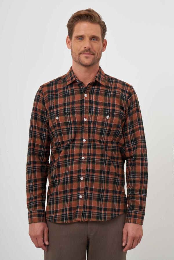  Erkek KAHVE Trend Ekoseli Regular Fit Düğmeli Yaka Oduncu Gömlek - Image 1