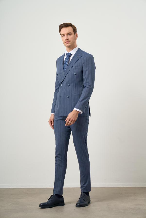  Erkek Lacivert Poliviskon Trend Kruvaze Slim Fit Sivri Yaka Takım Elbise - Image 1