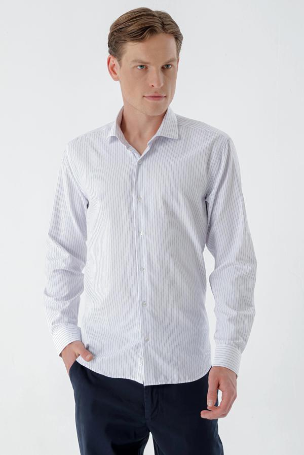  Erkek Beyaz Trend Çizgili Panolu İtalyan Yaka Slim Fit Gömlek - Image 1