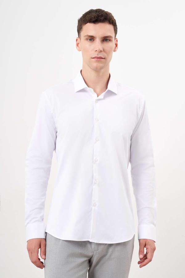  Erkek Beyaz Basic Düz Desen İtalyan Yaka Slim Fit Gömlek - Image 1