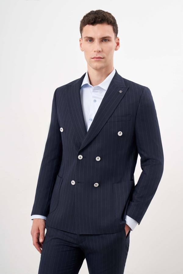  Erkek Lacivert Poliviskon Trend Kruvaze Slim Fit Sivri Yaka Takım Elbise - Image 1
