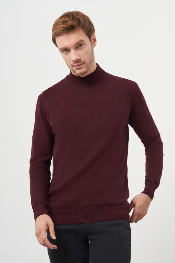  Erkek Koyu Bordo Basic Yarım Balıkçı Yaka Dynamic Fit Rahat Kesim Triko - Image 1