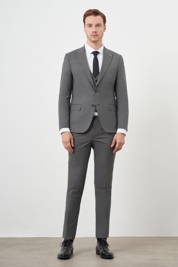  Erkek Füme Poliviskon Trend Yelekli Desenli Slim Fit Sivri Yaka Takım Elbise - Image 1