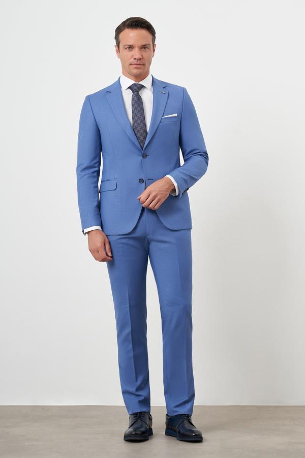  Erkek Mavi Slim Fit Mono Yaka Takım Elbise - Image 1