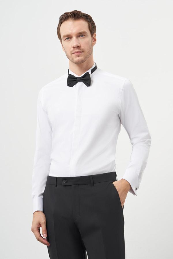  Erkek Beyaz Manşetli Slim Fit Ata Yaka Gömlek - Image 1