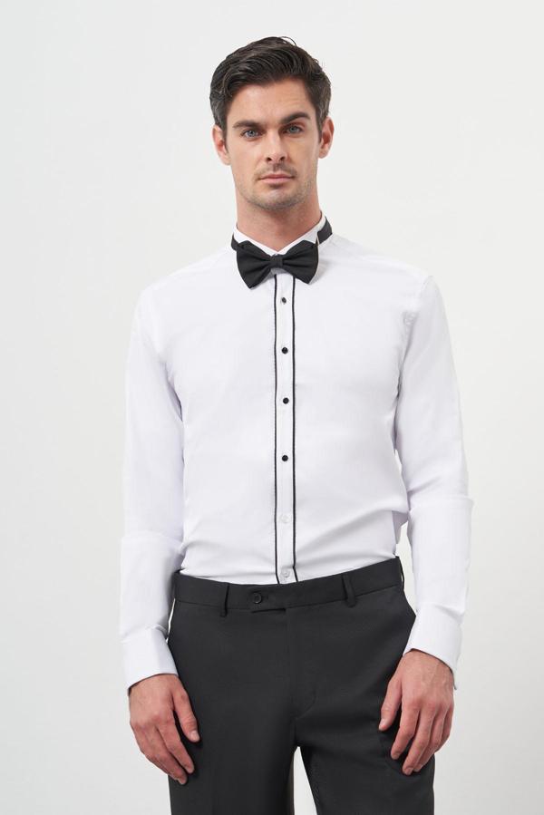  Erkek Siyah Biyeli Slim Fit Ata Yaka Gömlek - Image 1