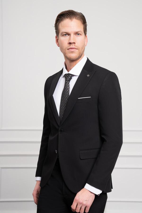  Erkek Siyah Basic Düz Desen Slim Fit Dar Kesim Sivri Yaka Takım Elbise - Image 1