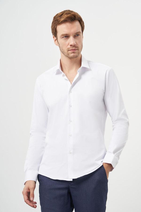  Erkek Beyaz Basic Düz Desen İtalyan Yaka Slim Fit Gömlek - Image 1
