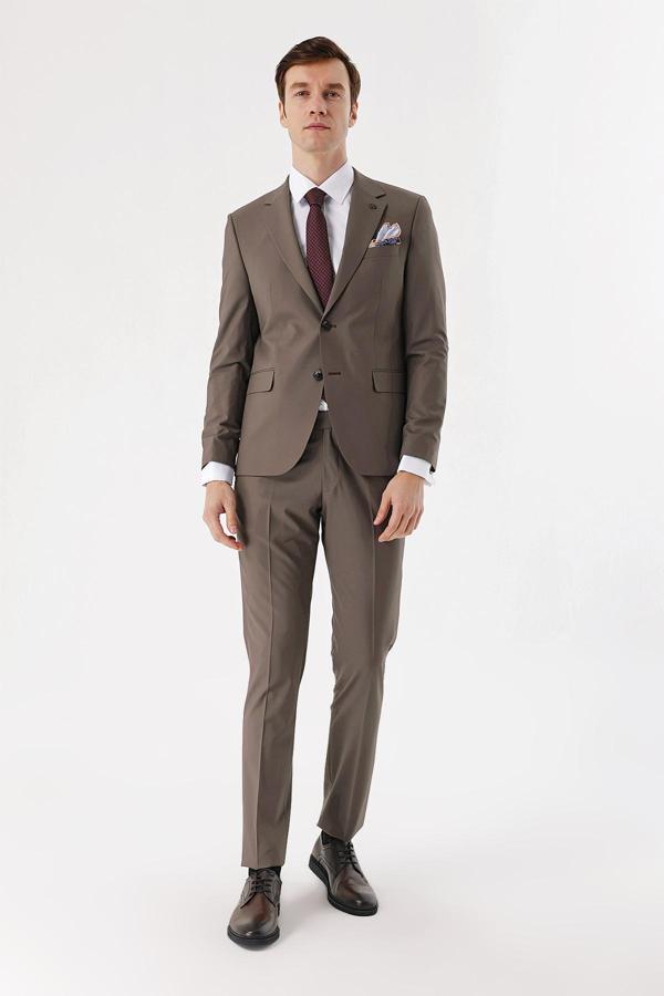  Erkek KAHVE Yünlü Düz Desen 6 Drop Slim  Fit Takım Elbise - Image 1