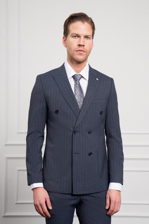  Erkek Lacivert Trend Slim Fit Sivri Yaka Kruvaze Takım Elbise - Image 1