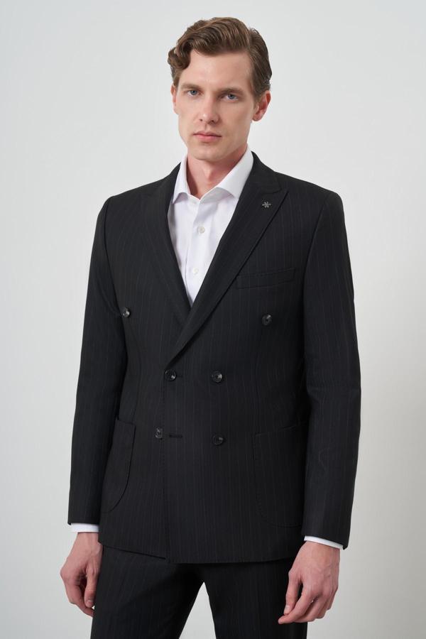  Erkek Siyah Trend Kruvaze Slim Fit Takım Elbise - Image 1