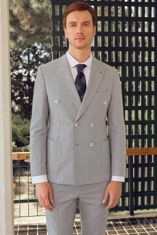  Erkek Mavi Keten Trend Slim Fit Sivri Yaka Takım Elbise - Image 1