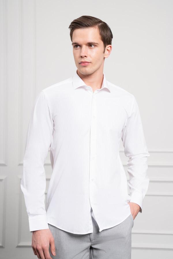  Erkek Beyaz Pamuk Trend Slim Fit Dar Kesim İtalyan Yaka Gömlek - Image 1