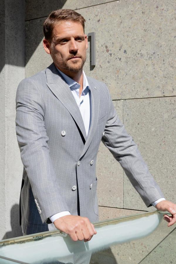  Erkek Gri Poliviskon Trend Kruvaze Slim Fit Sivri Yaka Takım Elbise - Image 1