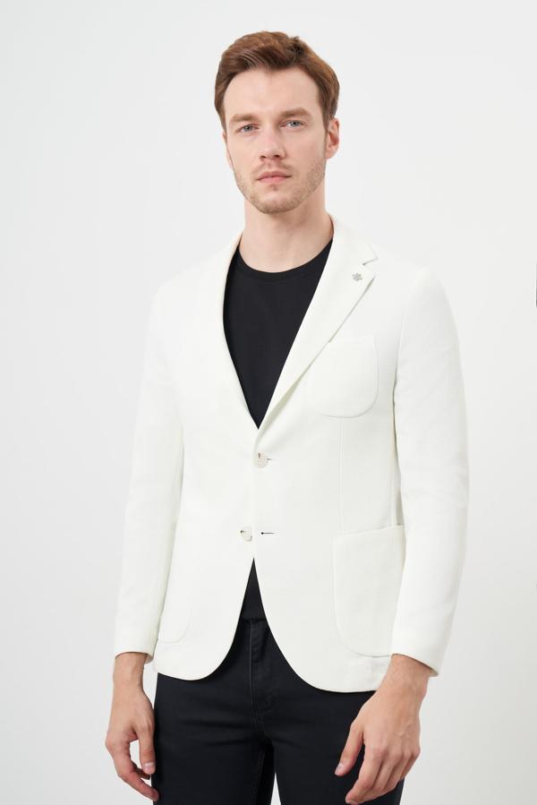  Erkek Beyaz Örme Slim Fit Torba Cep Mono Yaka Spor Ceket - Image 1