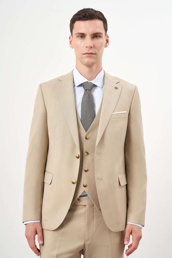  Erkek Bej Poliviskon Basic Yelekli Düz Desen Slim Fit Mono Yaka Takım Elbise - Image 1