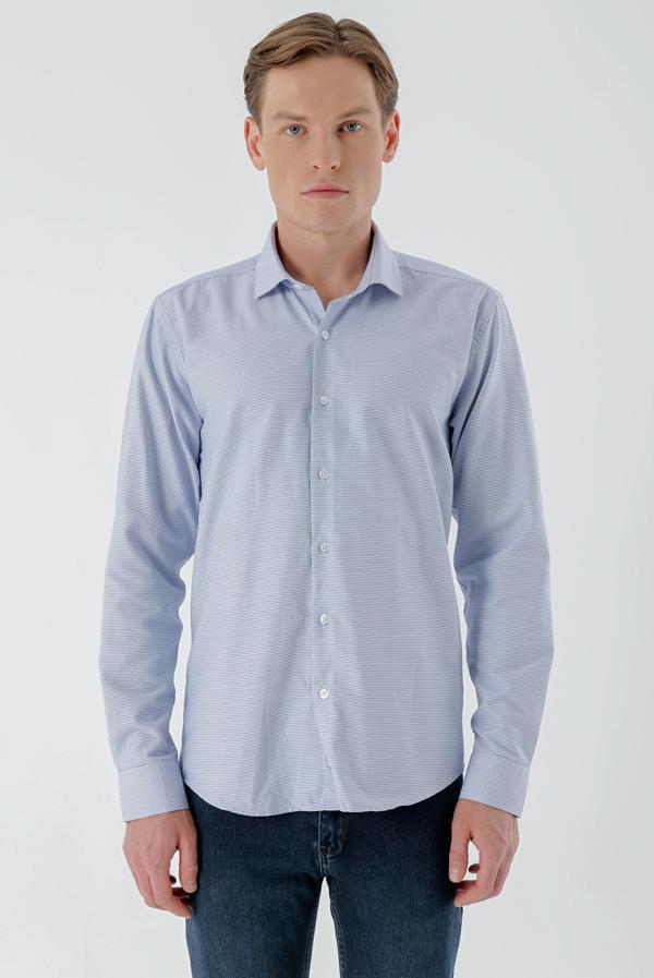  Erkek Mavi Trend Baskılı Desenli İtalyan Yaka Slim Fit Gömlek - Image 1