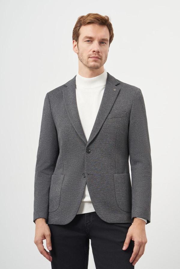  Erkek Siyah Poliviskon Örme Desenli Slim Fit Mono Yaka Ceket - Image 1
