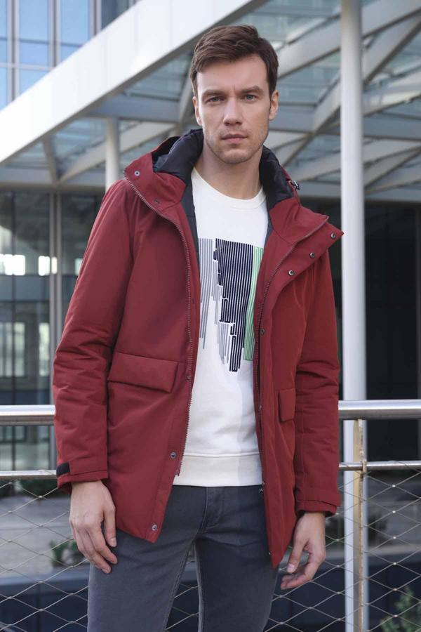  Erkek Kiremit Flora Çıtçıtlı Kapüşonlu Dynamic Fit Rahat Kesim Mont - Image 1