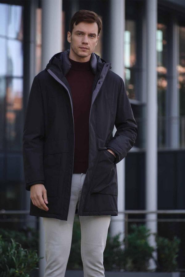  Erkek Siyah Flora Çıtçıtlı Kapüşonlu Dynamic Fit Rahat Kesim Mont - Image 1