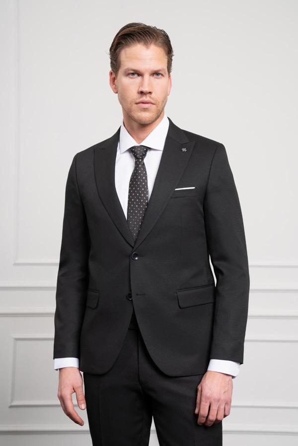  Erkek Siyah Basic Jakar Desen Slim Fit Sivri Yaka Takım Elbise - Image 1