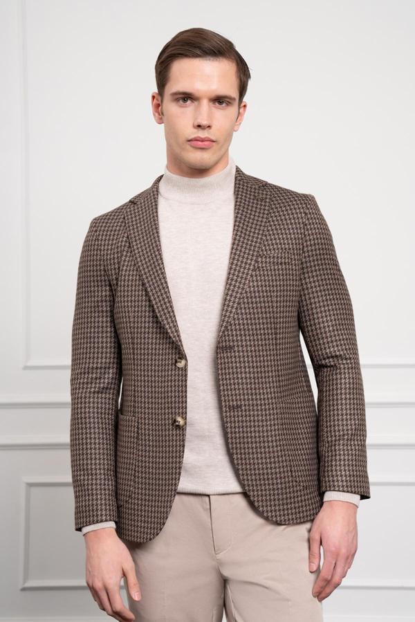  Erkek KAHVE Dokuma Slim Fit Dar Kesim Mono Yaka Ceket - Image 1