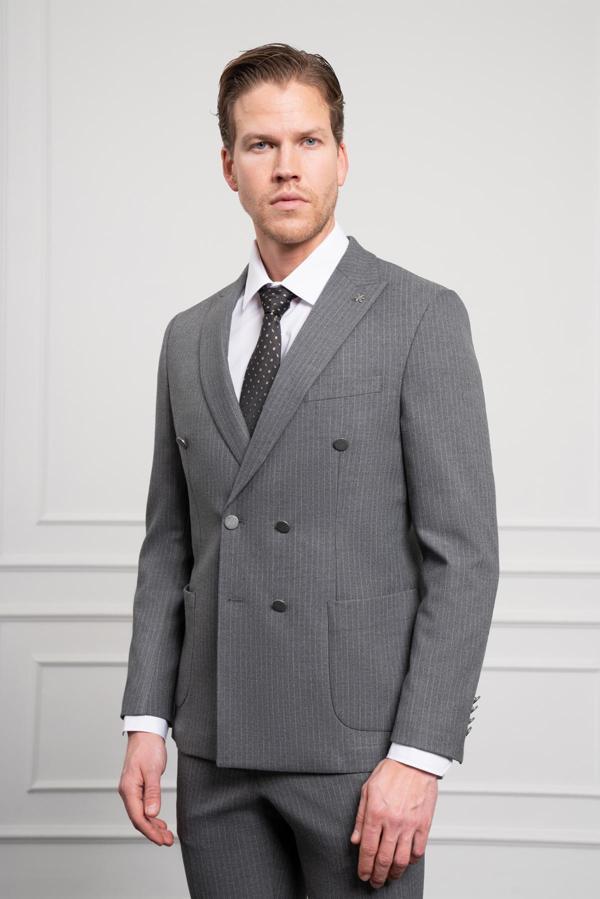  Erkek Füme Trend Kruvaze Slim Fit Dar Kesim Sivri Yaka Takım Elbise - Image 1