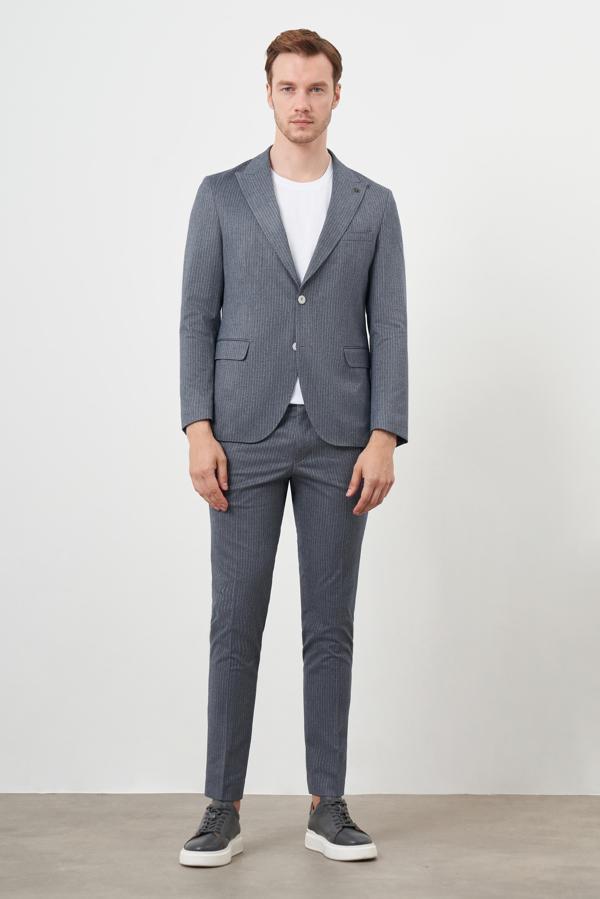  Erkek Lacivert Poliviskon Trend Çizgili Desen Slim Fit Mono Yaka Torba Cep Spor Takım Elbise - Image 1