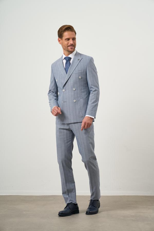  Erkek Lacivert Poliviskon Trend Kruvaze Slim Fit Sivri Yaka Takım Elbise - Image 1