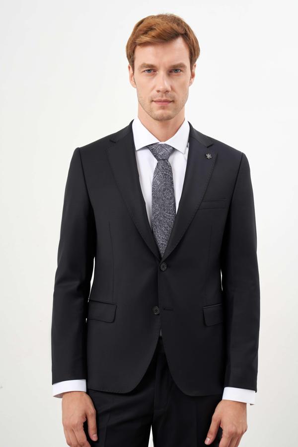  Erkek Siyah Yünlü Platinium Düz Desen Slim Fit Mono Yaka Takım Elbise - Image 1