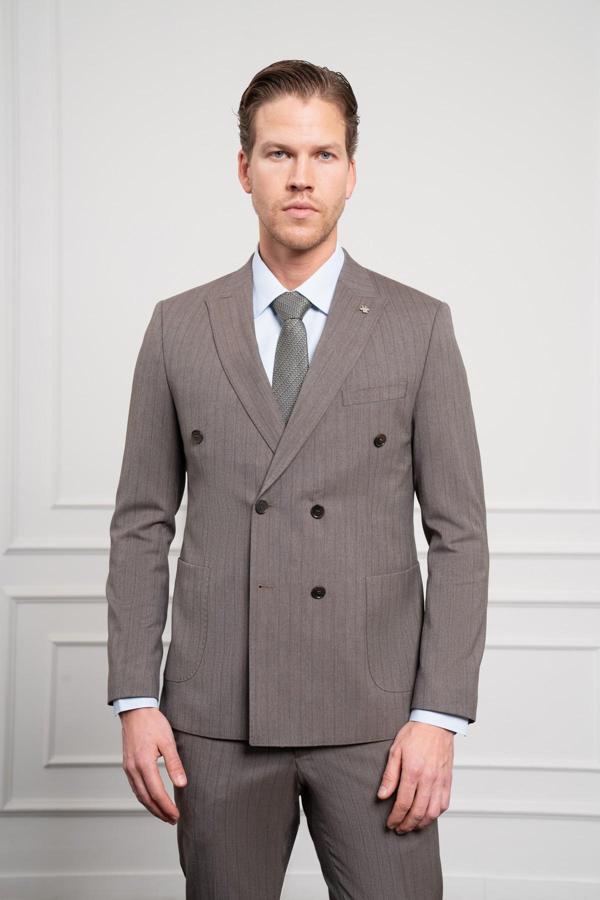  Erkek KAHVE Trend Slim Fit Sivri Yaka Kruvaze Takım Elbise - Image 1