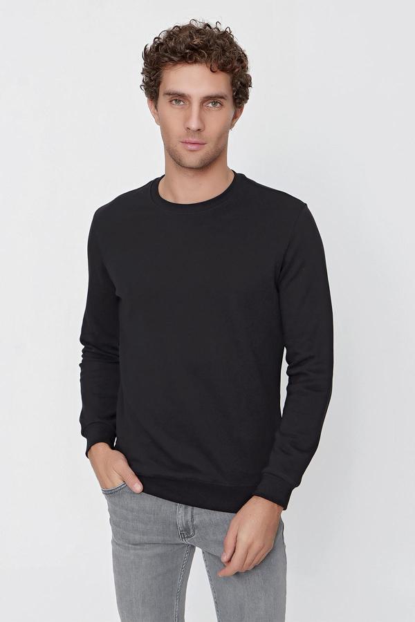  Erkek Siyah Basic Bisiklet Yaka Dynamic Fit Rahat Kesim Sweatshirt - Image 1