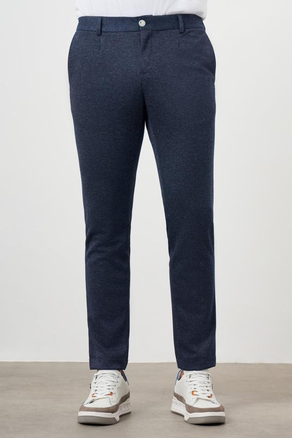  Erkek Lacivert Poliviskon Trend Pileli Slim Fit Spor Pantolon - Image 1
