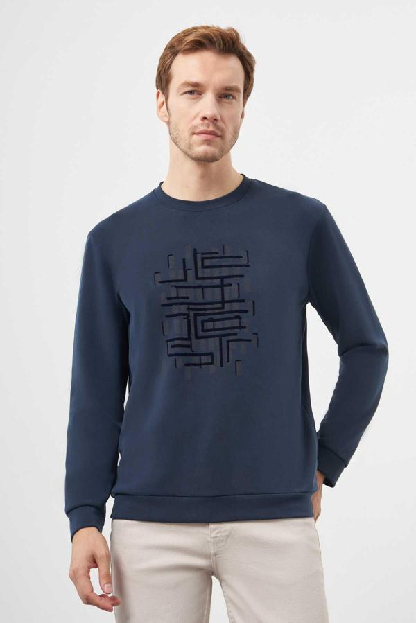 Erkek Lacivert Trend Bisiklet Yaka Sweat-Shirt - Image 1