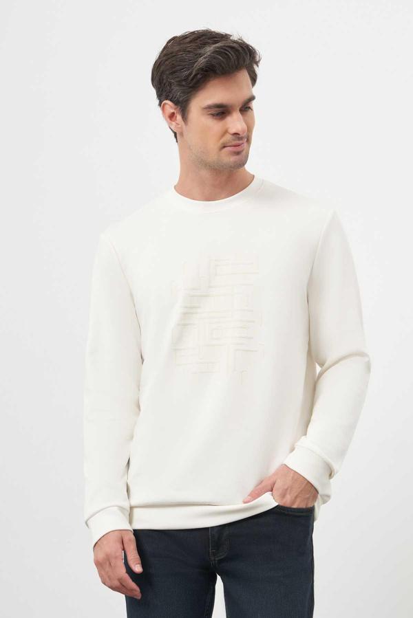  Erkek Ekru Trend Bisiklet Yaka Sweat-Shirt - Image 1