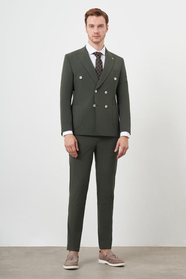  Erkek Haki Polyamide Trend Kruvaze Slim Fit Sivri Yaka Takım Elbise - Image 1
